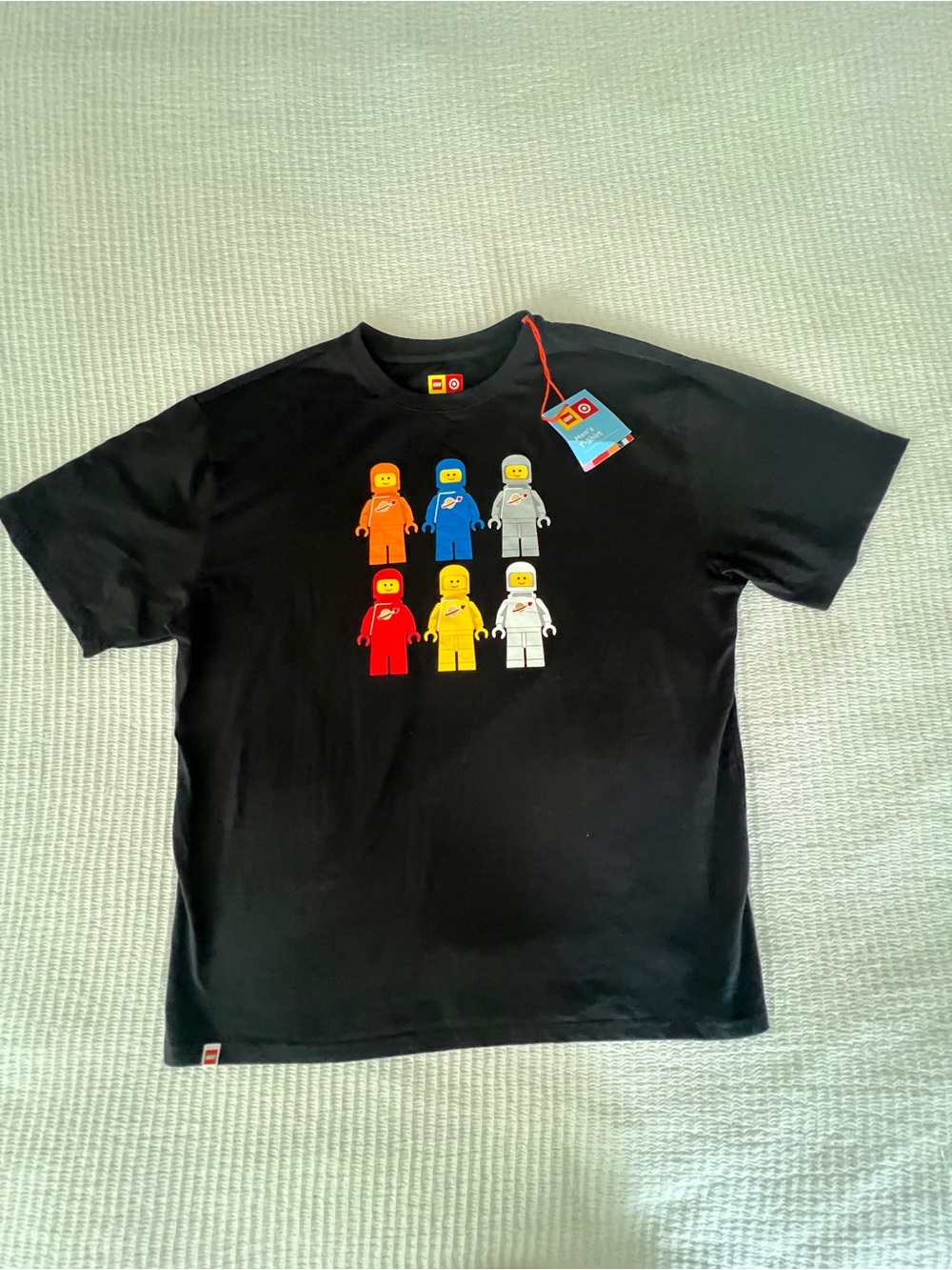 Lego Black Tee with Orange Blue Gray Red Yellow White Mini figs Size L - NWT